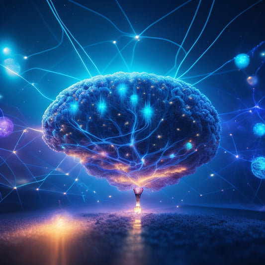 A futuristic, glowing neural network connects diverse human profiles, surrounded by swirling clouds of colorful ideas, sparks, and lightbulbs, set against a dark blue, starry night sky with subtle circuit board patterns.