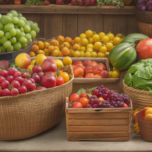 A vibrant, overhead shot of a variety of colorful harvest containers, including woven baskets, wooden crates, and galvanized tubs, overflowing with fresh, seasonal fruits and vegetables.