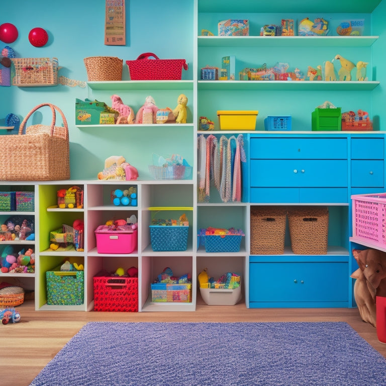 A colorful, clutter-free playroom with a pegboard wall, labeled baskets, and a DIY shelving unit made from wooden crates, showcasing a happy family's organized toys and belongings.