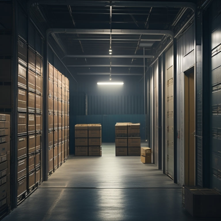 A serene, organized storage facility with rows of clean, well-lit units, a few open doors revealing neatly stacked boxes, and a subtle cityscape in the background, symbolizing urban convenience.