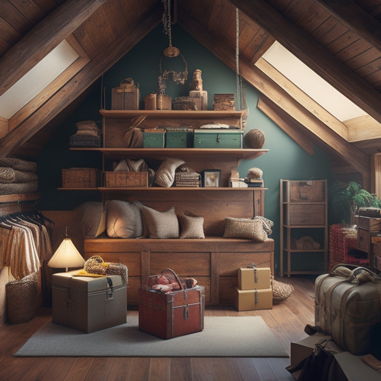 An attic with trunks, boxes, and seasonal decorations cluttering the floor, with a small, cramped space between the rafters, and a few items precariously stacked on top of each other, highlighting the need for customized storage.