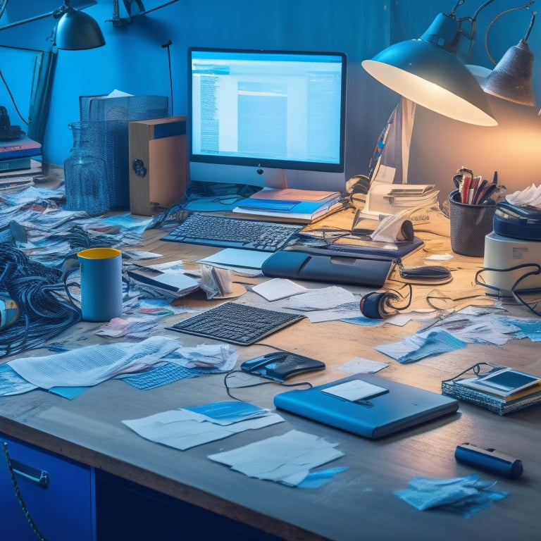 A messy digital workspace with scattered folders, torn papers, and broken devices, surrounded by tangled cords and shattered screens, contrasted with a clean and organized digital space in the background.