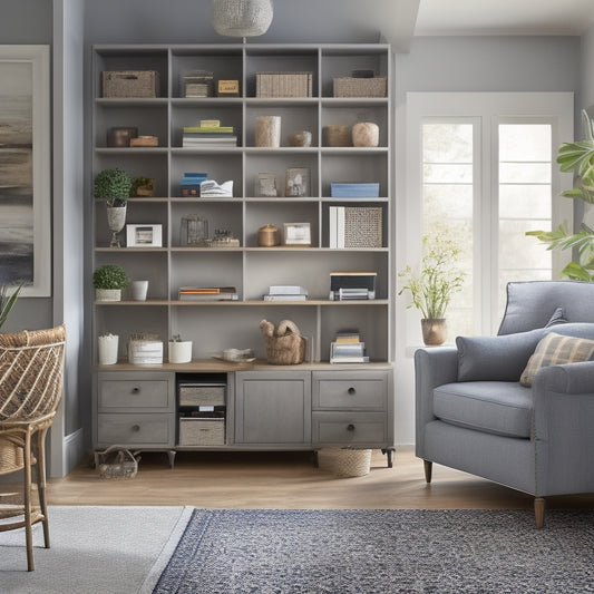 A serene, well-lit living room with a custom-built shelving unit, a tidy desk with a tablet displaying a home organization app, and a few, carefully-placed, decorative storage bins.