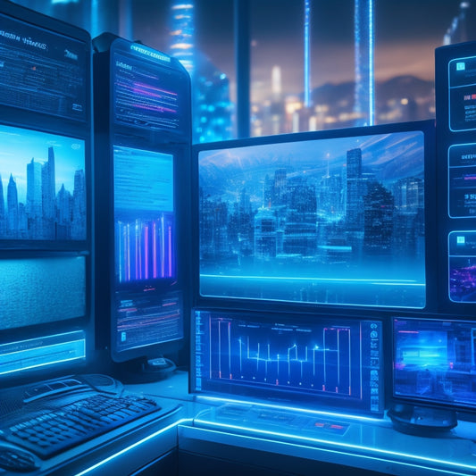 A futuristic dashboard with glowing blue circuits, surrounded by screens displaying various website templates, with a sleek, modern cityscape in the background, illuminated by neon lights.