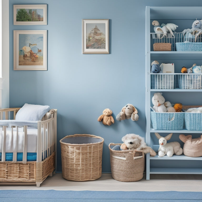 A serene, organized nursery with a compact, three-tiered shelving unit against a soft, pale blue wall, holding woven baskets, cubbies, and a few toys, with a few stuffed animals peeking out.
