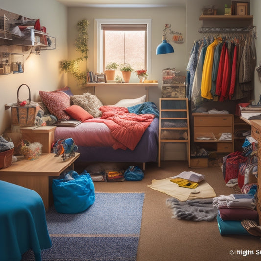 A cluttered small bedroom with a messy floor, overflowing closet, and piles of clothes, contrasted with a tidy, organized version of the same room featuring a storage loft bed, shelves, and a compact desk.