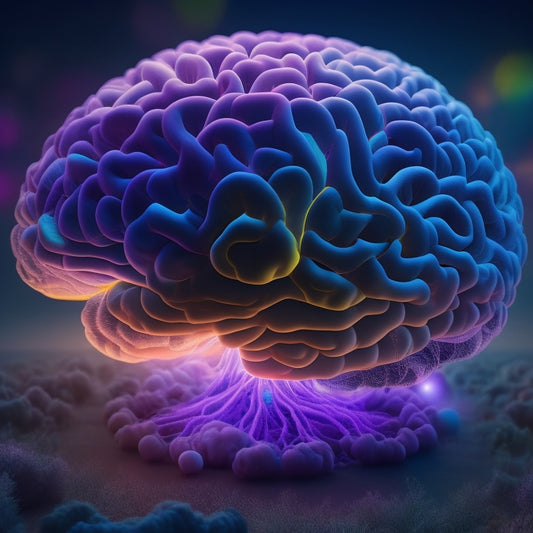 A futuristic, glowing brain surrounded by swirling clouds of colorful, interconnected nodes and threads, radiating from the center in a mesmerizing, 3D mind map pattern.