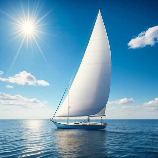 A stylized illustration of a sailboat with a retractable shade canopy, set against a serene blue sky with a few puffy white clouds, surrounded by subtle wave patterns and a hint of sunlight.