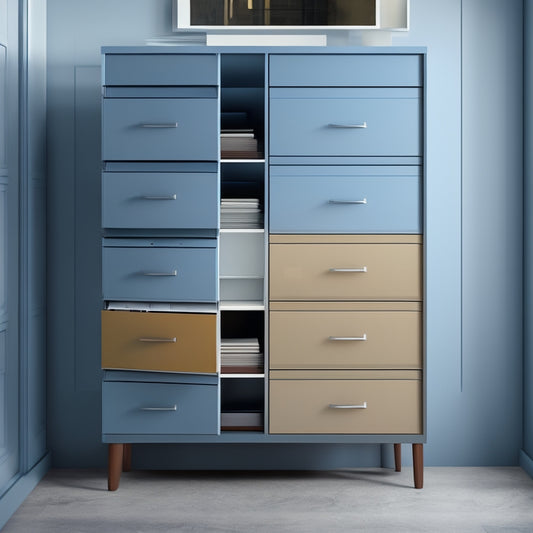 A minimalist illustration of a sleek, modern cabinet with open drawers, revealing neatly arranged, color-coded files and folders, surrounded by subtle architectural lines and gentle shadows.