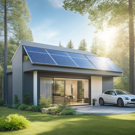 A modern home with solar panels on the roof, a battery storage system in the garage, and a smart energy monitor on the wall, surrounded by lush greenery and a sunny sky.