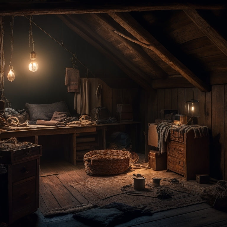 A dimly lit attic with dusty trunks, old furniture, and tangled wires scattered haphazardly, with cobwebs clinging to the wooden beams and a faint glow of a single, bare light bulb.