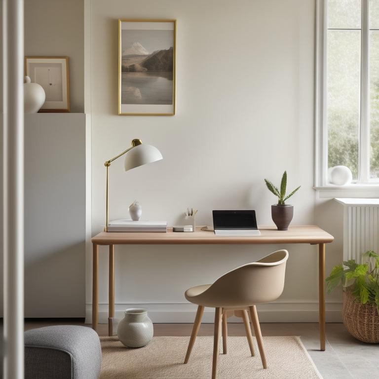 A serene, light-filled room with a single, sleek desk, a minimalist chair, and a few, carefully-curated decorative objects, surrounded by empty space and a subtle, natural color palette.