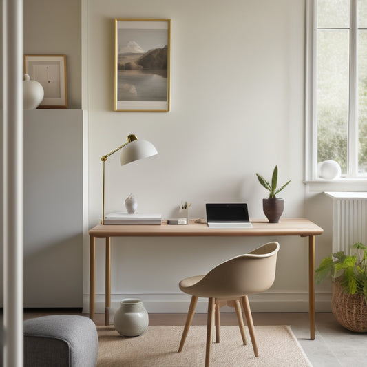 A serene, light-filled room with a single, sleek desk, a minimalist chair, and a few, carefully-curated decorative objects, surrounded by empty space and a subtle, natural color palette.