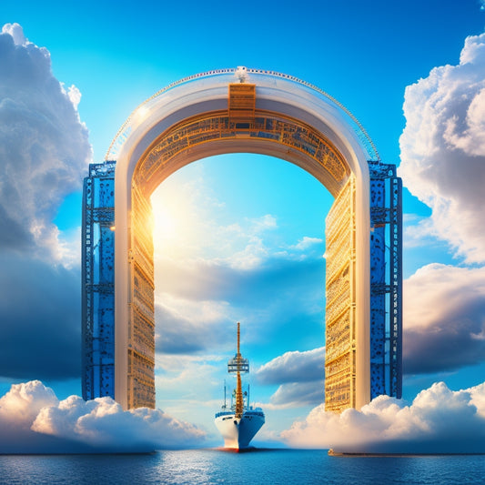 A stylized gateway archway with a container ship passing through, surrounded by swirling clouds of code, gears, and circuit boards, set against a bright blue sky with fluffy white clouds.