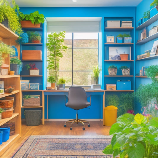 A tidy, modern home office with a desk, chair, and floor-to-ceiling shelves filled with color-coded, labeled storage bins and baskets, surrounded by a few potted plants and a laptop.