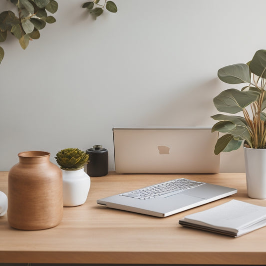 A serene, minimalist workspace with a sleek laptop, a single, delicate plant, and a few, carefully arranged papers on a wooden desk, set against a soft, creamy background.