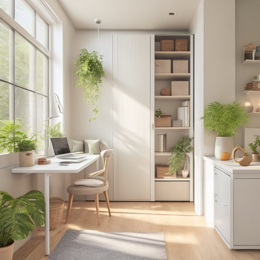 A minimalist, whitewashed studio apartment with a neatly organized closet, a Murphy bed, and a compact desk, surrounded by lush greenery and natural light pouring in through a large window.
