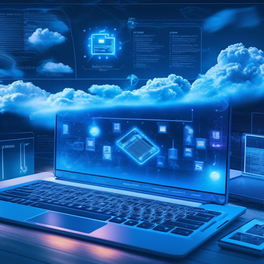 An illustration of a stylized cloud with glowing blue lines and nodes, connected to a laptop, tablet, and smartphone, surrounded by floating folders, files, and a subtle background of circuit boards.