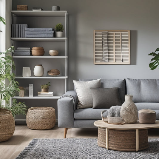 A serene, well-lit living room with a minimalist aesthetic, featuring a sleek, wall-mounted shelving unit, a clutter-free coffee table, and a woven storage basket beside a plush, gray sofa.