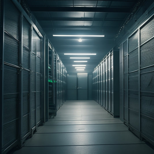 A dimly lit, secure storage facility with rows of locked metal cages, each containing neatly organized boxes and luggage, surrounded by CCTV cameras and motion-sensitive lighting.