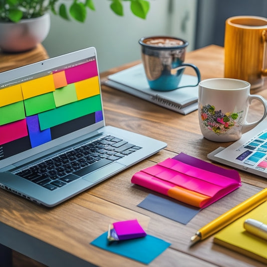 A colorful, visually appealing image featuring a laptop screen open to a Word document with a mind map, surrounded by colorful sticky notes, pens, and a cup of coffee on a clutter-free wooden desk.
