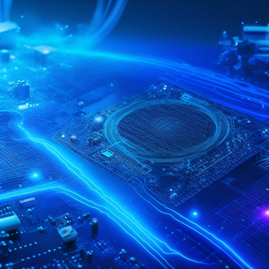 A futuristic, glowing blue circuit board with interconnected nodes and wires, set against a dark blue nebula background with subtle, swirling clouds, surrounded by orbiting tiny servers and microchips.