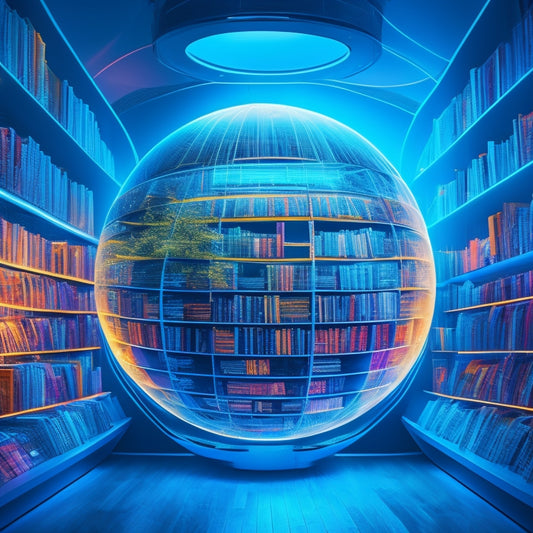 A futuristic, spherical library with glowing blue lines and neon-lit shelves, overflowing with diverse, colorful books and tablets, surrounded by orbiting, swirling particles and subtle, shimmering lights.