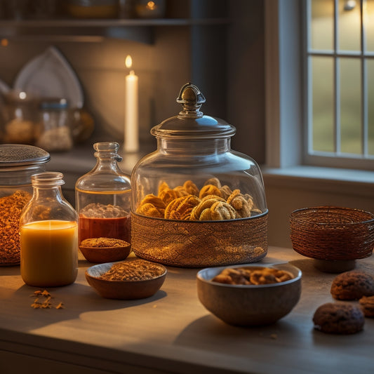 A warm, golden-lit kitchen counter with a plate of freshly baked cookies, a few with a slight crumble, surrounded by a few open jars of spices, a wire rack, and a glass container with a lid slightly ajar.