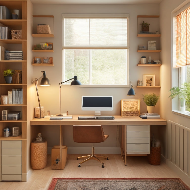 A serene, well-lit home office with a minimalist wooden desk, surrounded by a pegboard with neatly arranged office supplies, and a floor-to-ceiling bookshelf with labeled storage bins.