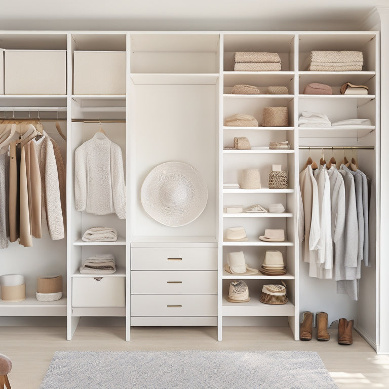 A serene, clutter-free closet interior with soft, natural light pouring in, featuring organized shelves, neatly hung garments, and a few stylish accessories, set against a calming, creamy white backdrop.
