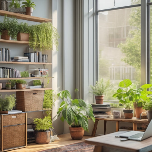 A bright, airy living room with a tidy bookshelf, organized desk, and labeled storage bins, surrounded by lush green plants, with a subtle background of a cityscape through the window.