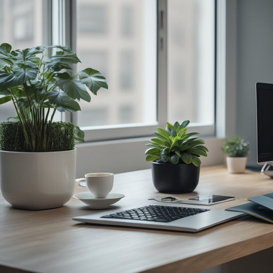 A minimalist desk with a sleek laptop, a few neatly organized files, and a small potted plant, surrounded by a subtle background of blurred office space, conveying efficiency and organization.