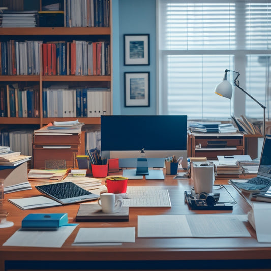An illustration depicting a clutter-free office with a minimalist desk, a laptop, and a few neatly organized files, contrasted with a chaotic background of overflowing file cabinets and papers scattered everywhere.