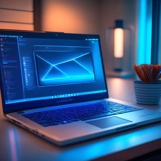 A futuristic, sleek laptop open on a modern desk, surrounded by subtle, glowing blue lines and nodes, with a stylized, 3D Google Drive logo hovering above the screen.