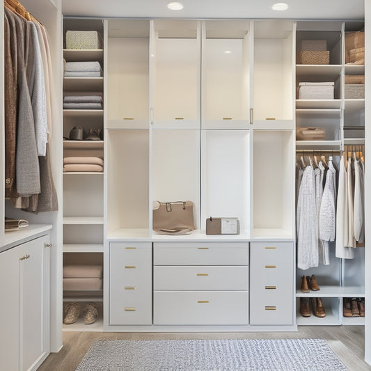 A serene, well-lit walk-in closet with a neutral color palette, sleek shelving, and organized clothing sorted by type, with a few stylish accessories and a few empty spaces for a sense of breathability.