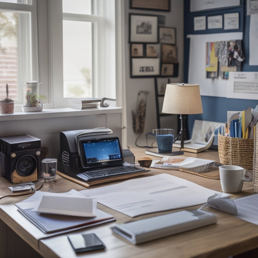 A cluttered small home office with papers, files, and cords scattered around a tiny desk, contrasted with a tidy digital tablet displaying a organized digital calendar and file folders in the background.