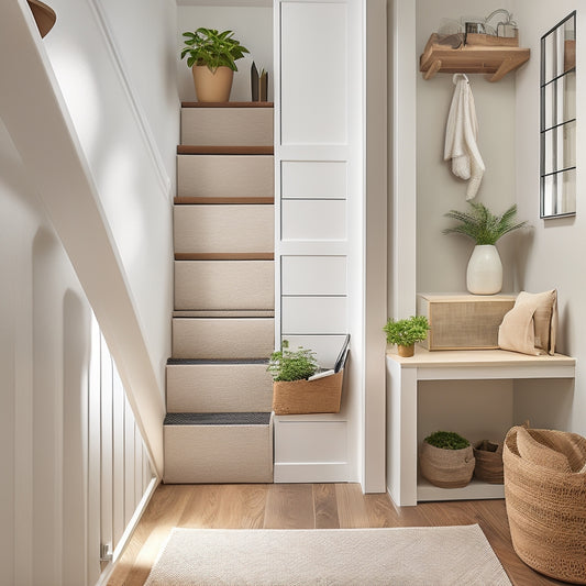 A tidy, well-lit under-stairs nook with a built-in shelving unit, baskets, and a sliding drawer, surrounded by a minimalist beige and white color scheme, with a few potted plants and a small decorative vase.