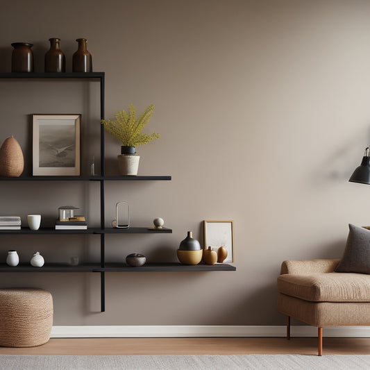 A minimalist living room with sleek, wall-mounted shelves in matte black and warm wood tones, holding a few, carefully curated decorative objects, against a soft, creamy white background.