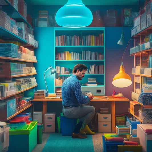 A vibrant, modern illustration featuring a person surrounded by overflowing shelves and cluttered desks, with a lightbulb moment above their head, as storage bins and files magically organize themselves around them.