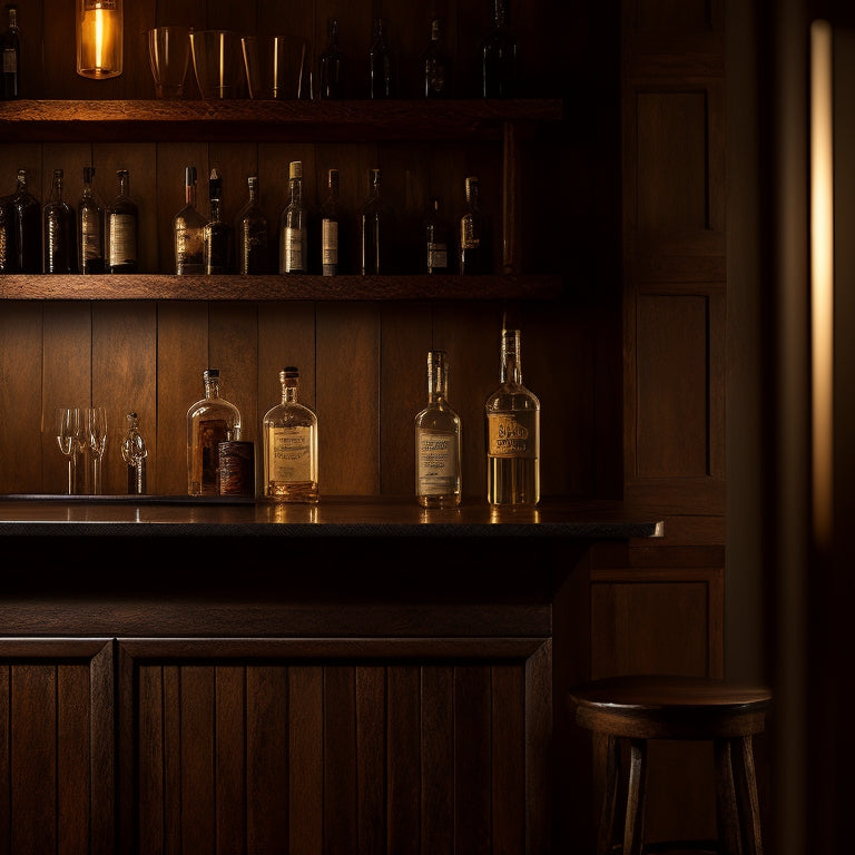 A dimly lit, modern home bar with a rustic wood countertop, three stools, and a few decorative bottles on a wooden shelf, surrounded by warm-toned walls and pendant lighting.