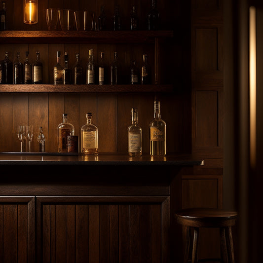A dimly lit, modern home bar with a rustic wood countertop, three stools, and a few decorative bottles on a wooden shelf, surrounded by warm-toned walls and pendant lighting.