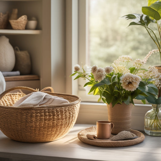 A serene, sunlit room with a few, carefully curated items on a shelf, surrounded by empty space, with a small, potted blooming flower on a nearby table, and a woven basket in the corner.