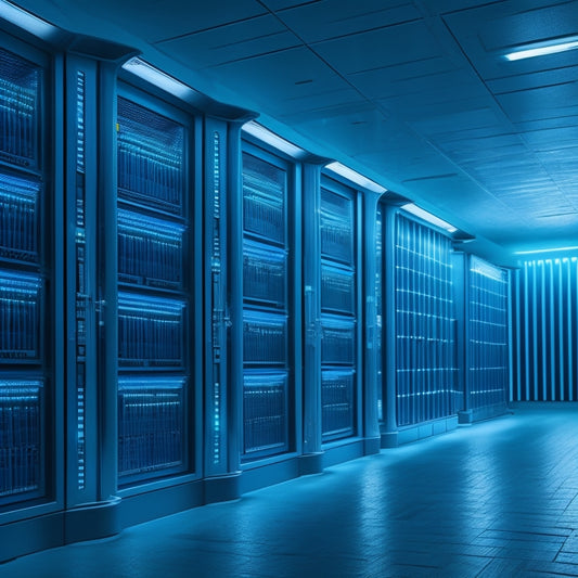 A futuristic, sleek, and minimalist vault with rows of digitized file cabinets, glowing blue LED lights, and a subtle hint of a cityscape in the background, conveying modernity and security.