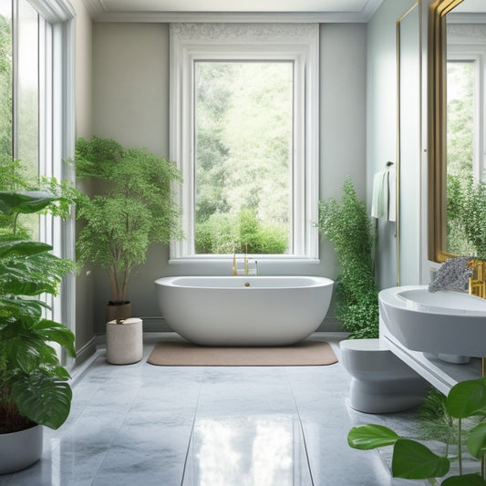 A serene, modern bathroom with a freestanding tub, surrounded by elegant marble floors and walls, featuring a large skylight above, and a few strategically placed, lush green plants.