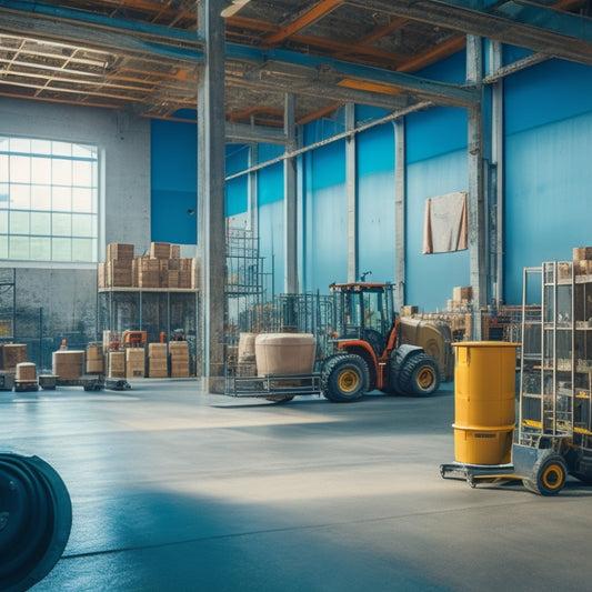A modern warehouse with rows of shelves stocked with concrete mixers, pumps, and finishing tools, surrounded by concrete slabs and construction equipment, with a subtle cityscape in the background.