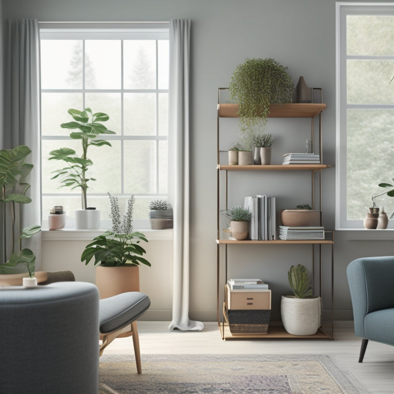 A serene, minimalist living room with a calm color palette, featuring a tidy bookshelf with neatly stacked books, a few potted plants, and a minimalist desk with a small, organized workspace.