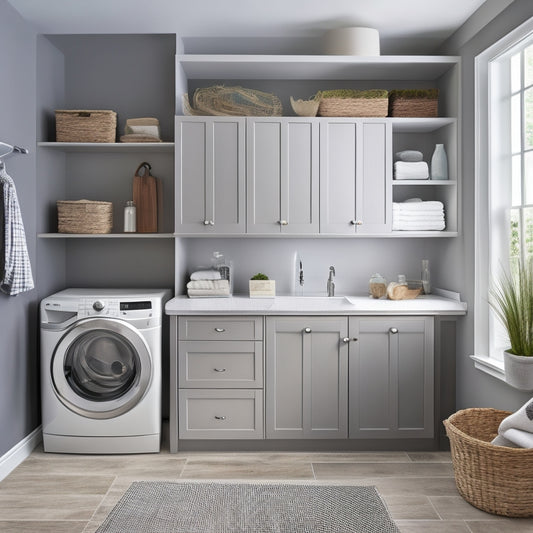 A bright, modern laundry room with soft gray walls, white cabinets, and a customized shelving unit featuring adjustable wooden shelves, woven baskets, and a retractable drying rack above a compact washer and dryer.