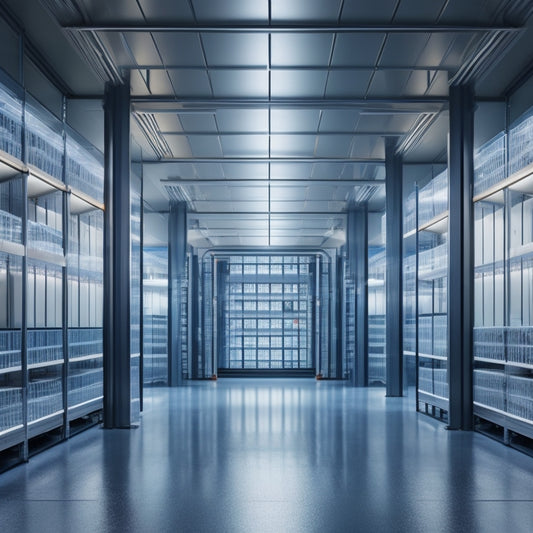 A futuristic warehouse interior featuring sleek, silver racking systems with built-in LED lighting, automated robotic retrieval units, and towering vertical storage units with transparent, glass-like panels.
