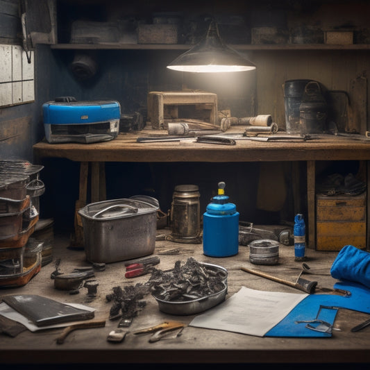 A cluttered garage workbench with a worn Subaru Legacy repair manual lying open, surrounded by scattered tools, a few bolts, and a torn page with notes and diagrams.