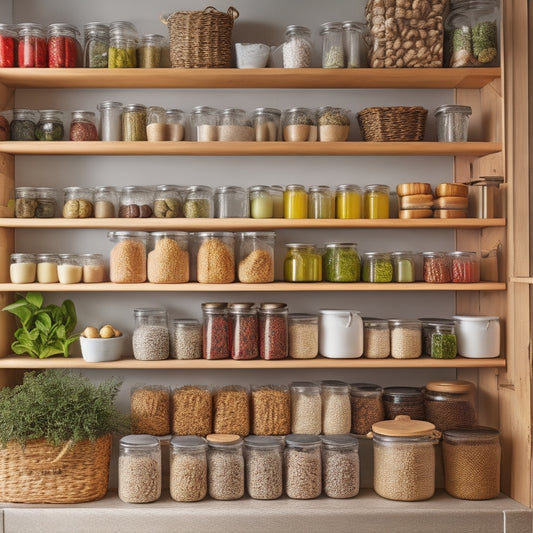A bright, organized pantry with 31 small, identical glass jars on a wooden shelf, each containing a different ingredient, surrounded by woven baskets and a few potted herbs.